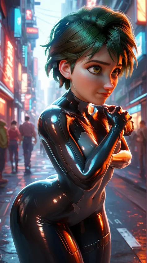  Young sexy girl in a tight latex hero suit,  emphasizing her figure .  Her image combines elegance and danger :  in her hands she is holding two stylish pistols , her eyes are confident and determined .  The background is a futuristic city or a dark stree...