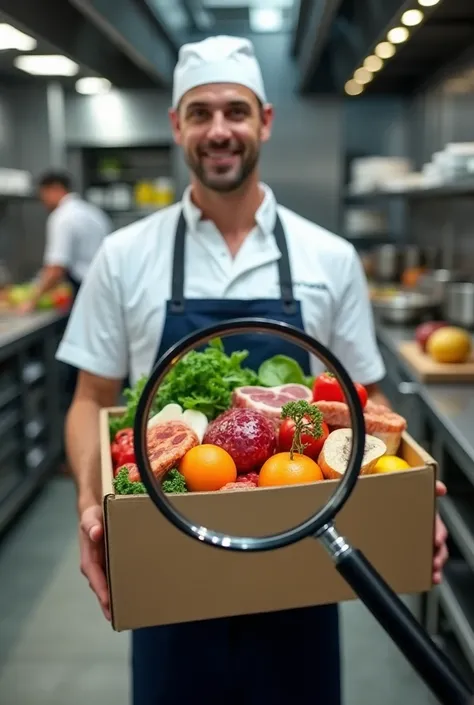 Create a photo where a reliable supplier delivers food for a catering company that prepares meals for in-flight meals and the products provided to the company are viewed under a magnifying glass