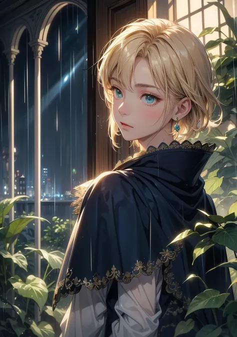  top quality。 detailed depiction of up to the front door。Old Castle Greenhouse 。 Handsome and Cool Adult Man 、(( one adult man))。 short hair、((male short hair)), (( Light Blonde ))。 cool and impressive appearance 。((green eyes like a forest))。Sharp impress...