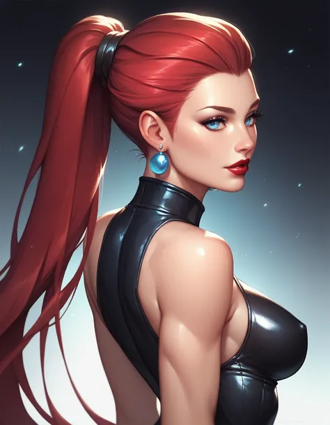 female black sleeveless latex catsuit, bare shoulders, racerback, bare toned arms, beautiful faces, red ponytail with showing forehead, long ponytail, earrings, soft smooth skin, pale skin, black background, blue eyes, sci-fi, high contrast, bright red lip...