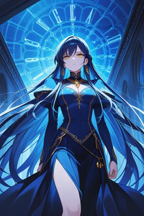 white and blue theme,  ultra detailed, masterpiece, best quality,, solo, nonchalant, elegant vibe,  
1girl, golden eyes, very long hair, dark blue hair, long dark blue hair, princess, intimidating