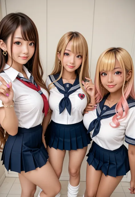 ,masterpiece, best quality,
extremely detailed 8K,
real human,real body ,real face, real hair,
3girls, gyaru,tears mole,skinny body,so slim waist,little ass,beautiful legs,((one length long hair))asymmetrical bangs,forhead,large breasts,(super natural soft...