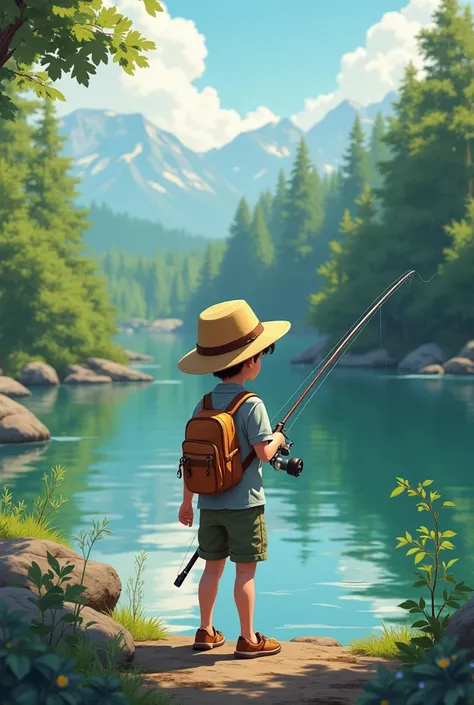 Crée moi une image d'un jeune garçon de 20 ans en train de pêcher des poissons en pleine nature qui pense a ses objectifs et a son futur , je veux que l'image soit en 2D style dessin animé et qu'il soit tourné regardant la rivière avec un chapeau de paille...