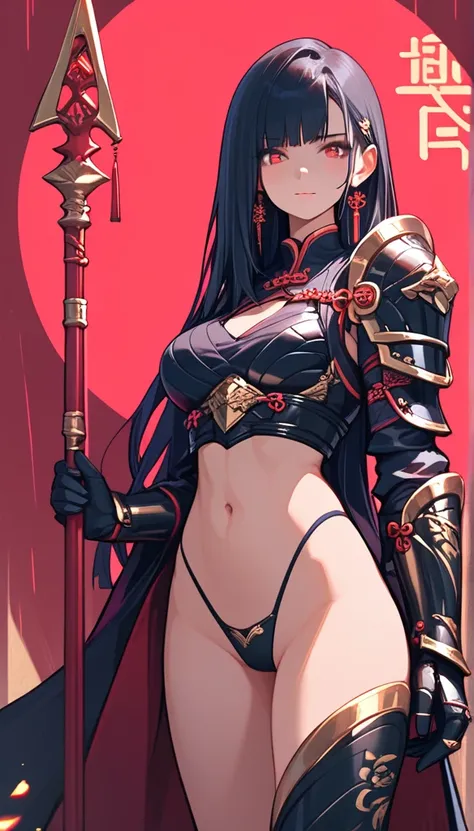 ((   thong )), (( masterpiece)), ( detailed),  Chinese woman with long black hair  ,  very fair skin and red eyes in black armor with gold details holding a spear