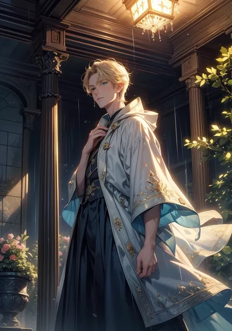  top quality。 detailed depiction of up to the front door。Old Castle Greenhouse 。 Handsome and Cool Adult Man 、(( one adult man))。 short hair、((male short hair)), (( Light Blonde ))。 cool and impressive appearance 。((green eyes like a forest))。Sharp impress...