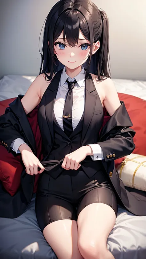 Sexy older sister in a luxury suit with black stripes　 tie　smile　  Hi-Res　  Hi-Res