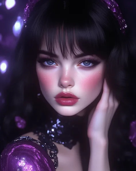  A beautiful European girl of unrealistic beauty with soft European features .,  long jet black hair with bangs ,  pale white skin ,   thick red lips ,   long eyelashes   y rasgos faciales detallados., Hermosos  gray eyes labios detallados,  gray eyes como...