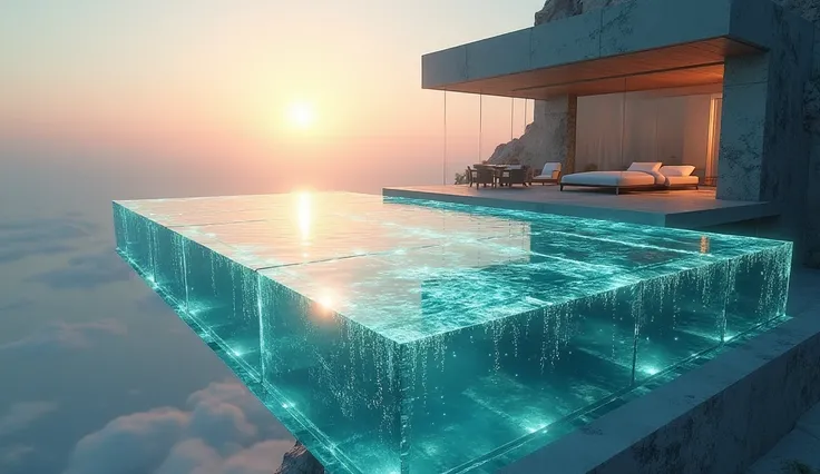 ( Masterpiece),( top quality),(High res),A glass swimming pool floating in the air、 backlit、Sun reflection、Ultra-high definition images、sparkle、Random reflection、