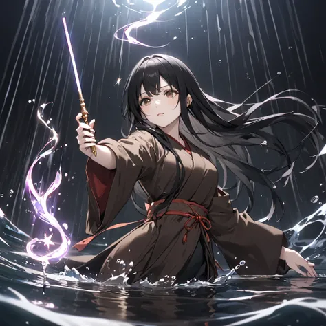 Top quality, 1girl ,  black hair、 long hair、 Japanese style。Brown Robe 、 magic wand on water、Dark Priest
