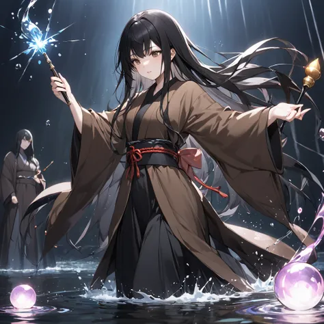 Top quality, 1girl ,  black hair、 long hair、 Japanese style。Brown Robe 、 magic wand on water、Dark Priest
