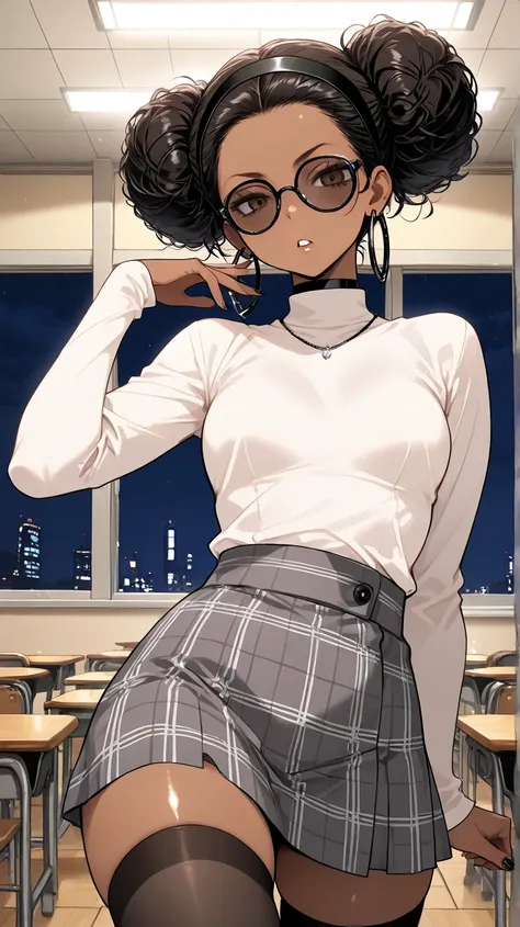 1Girl, Mature, Ebony, African American, Dark Skin, Jet Black Hair, Afro, Double Bun, Shiny Hair, Bright Brown Eyes, Black Nails, Dark Brown Eye Shadow, Medium Chest, White Turtleneck Shirt, Black Circular Glasses , Grey Plaid Skirt, Black High-Thigh Socks,...