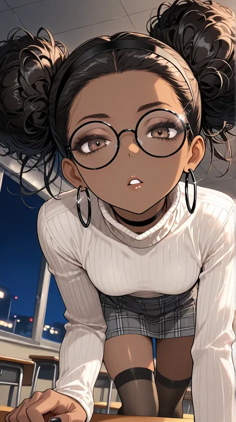 1Girl, Mature, Ebony, African American, Dark Skin, Jet Black Hair, Afro, Double Bun, Shiny Hair, Bright Brown Eyes, Black Nails, Dark Brown Eye Shadow, Medium Chest, White Turtleneck Shirt, Black Circular Glasses , Grey Plaid Skirt, Black High-Thigh Socks,...