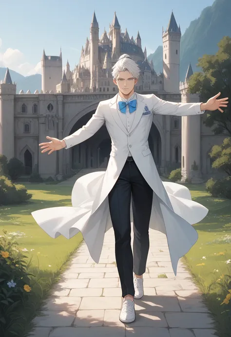  handsome man ,   a strong physique  , white social blouse,  long black pants, white social shoes, white hair in ponytail,  silver eyes , slender appearance, elegant,  With Outstretched Arms , light blue bow tie,  smiley look , ancient castle landscape, wa...