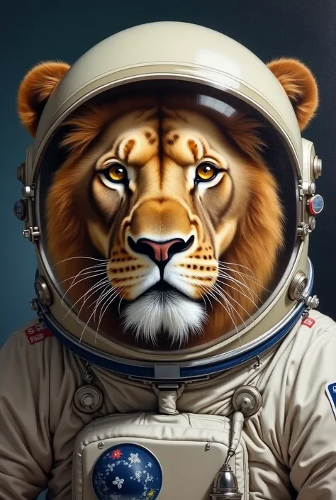 a close up of a painting of a lion in a space suit, a hyperrealistic painting inspired by Scott Listfield, unsplash, space art, extremely high quality artwork, lion in a space suite, well - appointed space, well-appointed space, portrait of an ai astronaut...