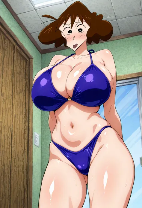   Masterpiece,   top quality,    is ridiculous ,   nothing ,  Detailed Biography ,   1 girl naked,  alone, Envious Double Sided , 屋内で, super huge big breasts purple swimsuit big bust thigh smile, reverse angle ,   focus on face , close-up, whole body