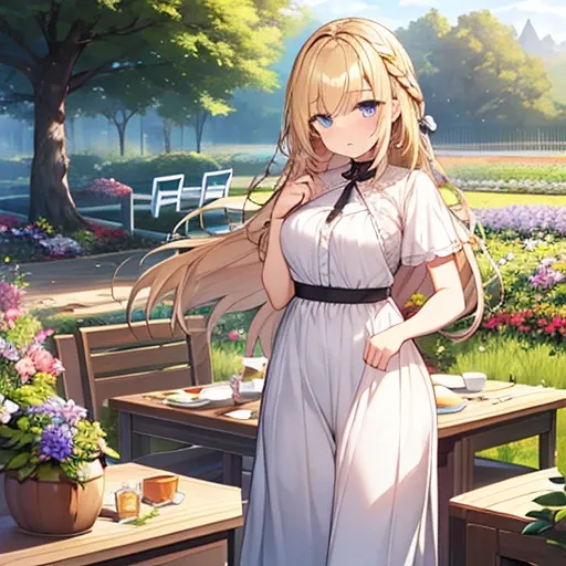  Table Top,  top quality,shape,  wallpaper,  very detailed, Absurd beauty、 one beautiful girl who breaks firewood、 ( long hair、 short braided hair), Very detailed beautiful eyes ,  hair blown in the wind、Keep your head small、 Flower Field 、 Great Outdoors、...