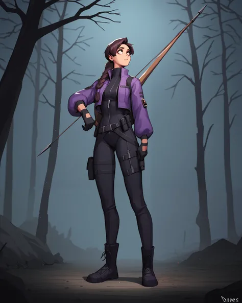 Kate Bishop, also known as Hawkeye (young human woman), has a striking and practical superhero appearance. Based on the image you shared, here are the key details of her costume:

- **Color Scheme:** Primarily purple with black accents.
- **Jacket:** A for...