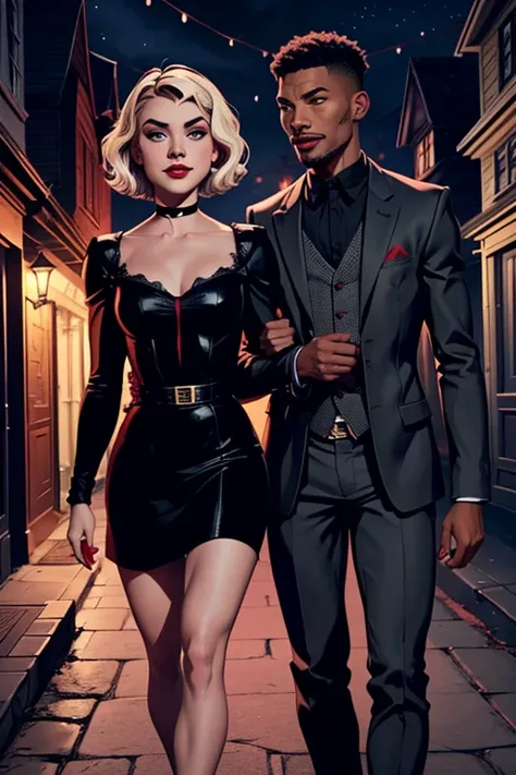 A full shot of Caucasian actress Kiernan Shipka as Sabrina Spellman in "Chilling Adventures of Sabrina" and African American actor Charles Michael Davis as Baron Samedi from Voodoo enjoying an evening stroll. Both are smiling. Both are attired attractively...