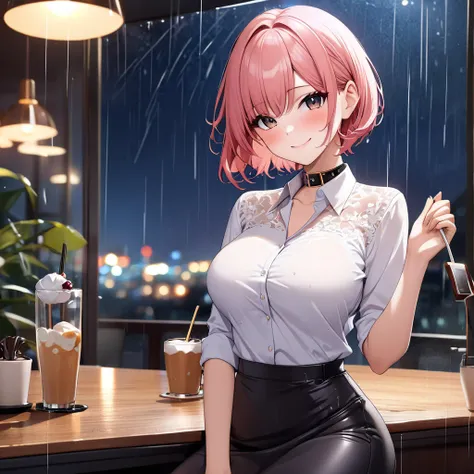 (8k,  top quality,  Masterpiece: 1.2), ( by Nomi, photo by Nomi: 1.37),  very detailed,   1 girl , , Alone, large breasts,  backgrounds, Detailed Cafe,   night , (), (smile: 1.15), ( closed her mouth),  small, (  shirt、 with collar: 1.1),   night ,  wet, O...