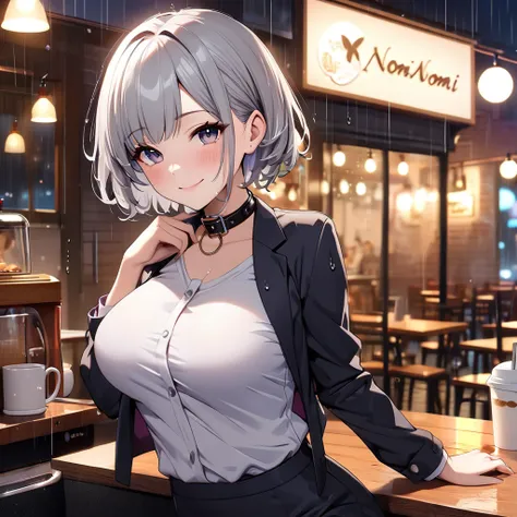 (8k,  top quality,  Masterpiece: 1.2), ( by Nomi, photo by Nomi: 1.37),  very detailed,   1 girl , , Alone, large breasts,  backgrounds, Detailed Cafe,   night , (), (smile: 1.15), ( closed her mouth),  small, (  shirt、 with collar: 1.1),   night ,  wet, O...