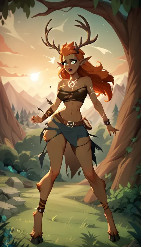 female elf in the woods. sexy, antlers growing, druid. long hair, tribal mystical. transformation. hooves, fur. ritual. sunset. fear. ripping