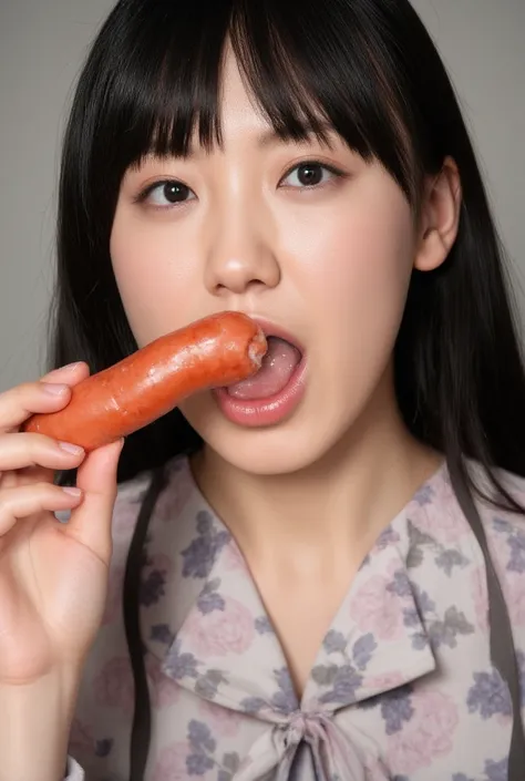 High resolution young Japanese female idol holding a big sausage in her mouth「Kakki」Photo of, Alone,  ( open your mouth , After the blowjob、 ejaculates in her mouth ), 屋内で 、 Japanese woman in her 30s put white sauce around her mouth、I have the tip of a lar...