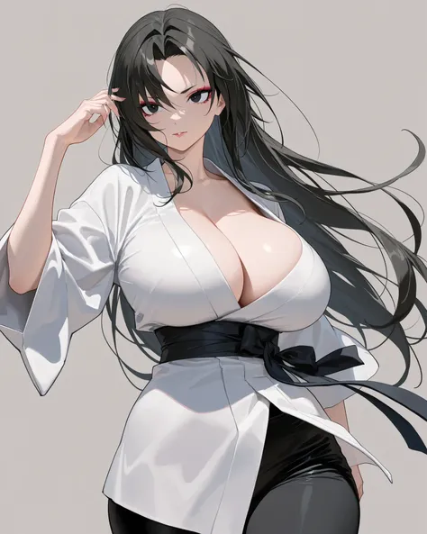 best quality, 8k, masterpiece, perfect body, super detailed skin, highly detailed eyes and face, one woman, tsunad3 (black hair), black eyes, Tsunade body, curvy body, long hair, black pants, kimono shirt, simple background, makeup