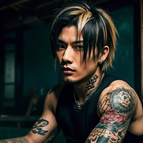 1 man, Japanese man, male, Asian eyes, muscular, broad shoulders, yakuza tattoos, hairstyle Visual Kei style, hair Visual Kei, black men's shirt and black pants, ultra detailed face and eyes, hyperrealistic, realistic representation, long hair, long hair, ...