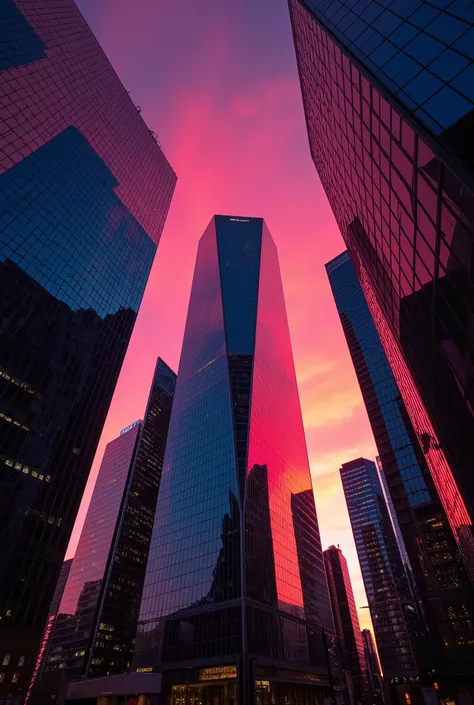  Realistic Pictures、Skyscrapers and Sunset Sky 、Beautiful sunset、 Sunset Reflected on a Glass-Walled Skyscraper、 look up from below、Clear Winter Transparency 、Tight underexposure screen with strong contrast、Contrast between bright vermilion and dark blue