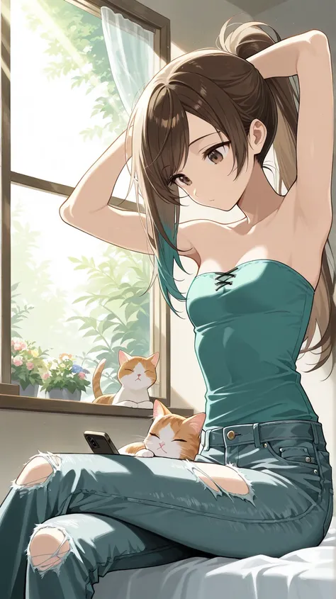  (Masterpiece, best quality), intricate details, JK,, close up, tired expression, (brown eyes), ponytail, very long brown hair with teal highlights, arms up, sitting, flexing biceps, yawn, ((strapless loose sleeveless shirt, teal shirt)), ripped jeans, ((l...