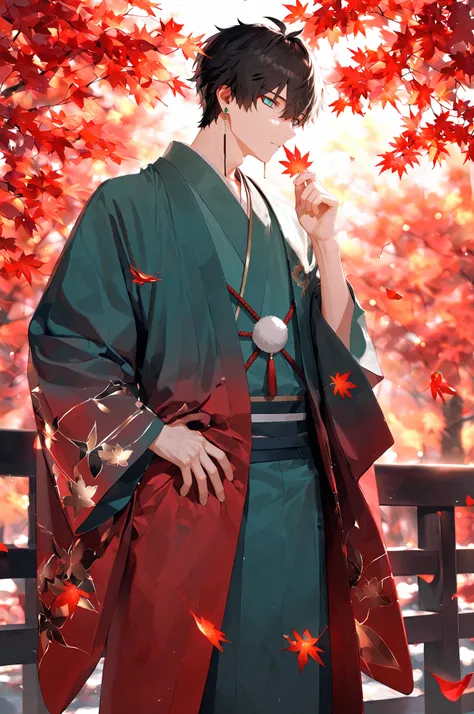 1boy, male focus, dan heng (hunt) (honkai: star rail), black hair, green eyes, intricate male kimono, red autumn leaves, maple trees, masterpiece, best quality, amazing quality, very aesthetic, absurdres, modern, recent, newest