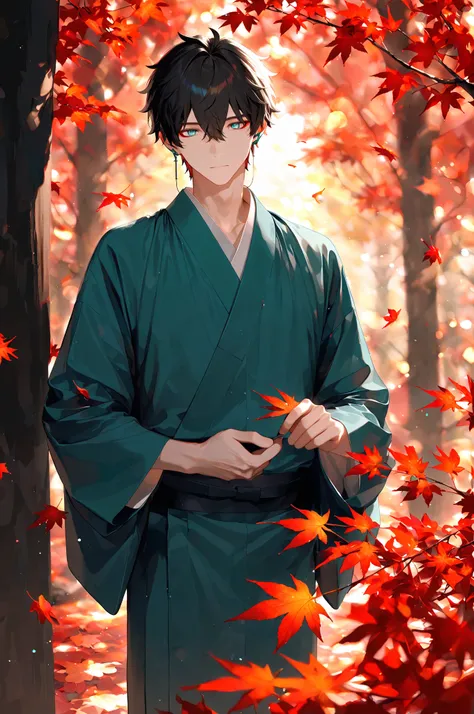 1boy, male focus, dan heng (hunt) (honkai: star rail), black hair, green eyes, intricate male kimono, red autumn leaves, maple trees, masterpiece, best quality, amazing quality, very aesthetic, absurdres, modern, recent, newest