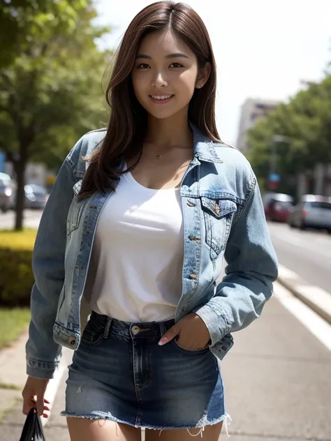  top quality,  Masterpiece,  ultra high resolution, ( by Nomi:1.4),  beautiful woman, Clear Grey V-neck Shirt,  G-string, Chest, (( denim jacket))，  medium chest,  thin waist,   Shiny Skin, 魅惑的なsmile, Bokeh, smile,  pubic hair, thick pubic hair, long pubic...