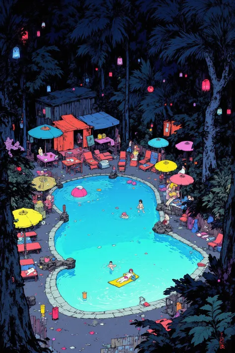  Night Rainforest Jungle White Pool Ukiyo-e Anime, yellow bath towel by the pool ,Aerial view of the middle of a bird ,Glowing beach ball floating in the pool , secret space deep in the jungle, lots of colorful umbrellas and tables and chairs, night pool,S...