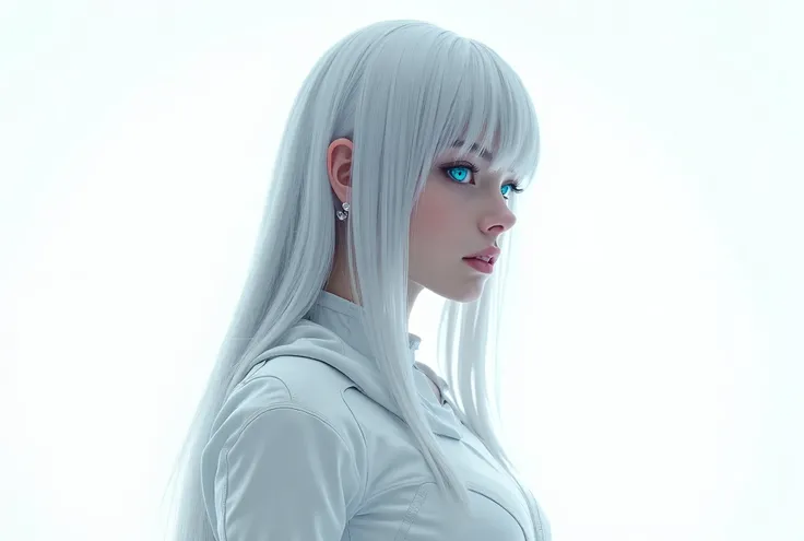  Create an image of a girl in a white cyberpunk outfit, Long silver hair , Cybernetic blue eyes with a white background and the girl is seen from the side 