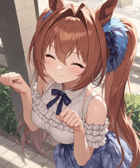 very awa, masterpiece, best quality, newest,  highres, absurdres、 There is only one 、 Daiwa Scarlet、Uma Musume　 Daiwa Scarlet、 twin tails、Reddish brown hair、 c cup breasts、light brown hair、 white ruffled clothes、 pale light blue skirt 、Outdoors、Lush green ...