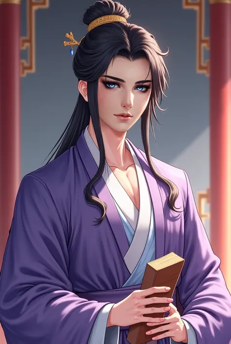 1 handsome Chinese guy. Hair half piped back. Wearing a crown of hair on his head. Amethyst color sharp eyes. handsome face . cute face .  smiling seductively .  very handsome face . Wearing an eye patch. Long bangs next door .  A Royal Prince. Memakai han...