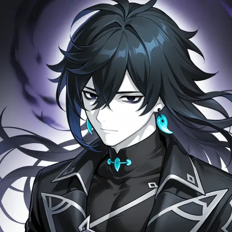  male 、 black hair、   long hair、 Darkness 、暗い青 eyes、   Hi-Res、 Super Fine、whole body、   white skin、  Hand of the Universe 、  、  Genshin、   white skin、 Madness 、Magatama earrings 、   best image quality 、 、  dark circles under eyes、 Darkness堕ち、 black coat 、 ...