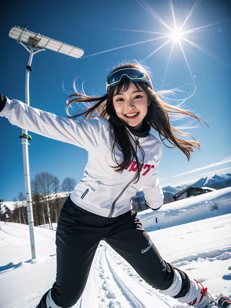 ( beautiful 21-year-old Japanese girl ), ( small chest:1.5), “Dressed in a pure white ski outfit, a young girl enjoys skiing down the snowy slopes. Her eyes sparkle with excitement behind her goggles. As fluffy snowflakes dance in the air, she skillfully m...