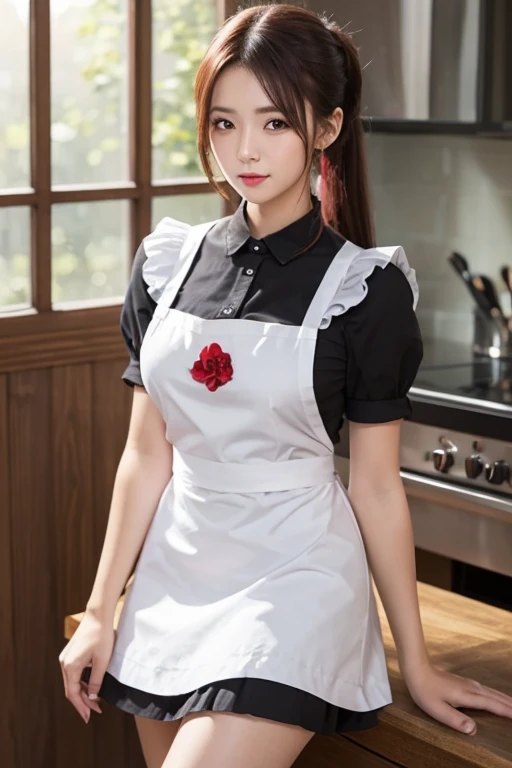 masterpiece,( top quality ,  illustration, detailed face :1.3),( 1 girl,Alone:1.3), beautiful detailed eyes,   apron,  gradation_background,  gradation, Maid,  purple eyes,red hair, small breasts,, break, enMaided, white_ apron, black_ dress,  ponytail, bl...