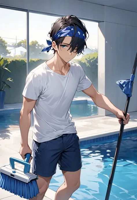  dark-haired young man"Asuka", Alone, Pool cleaner , Hand mop , She has a white t-shirt, navy blue shorts, and a blue bandana wrapped around her forehead