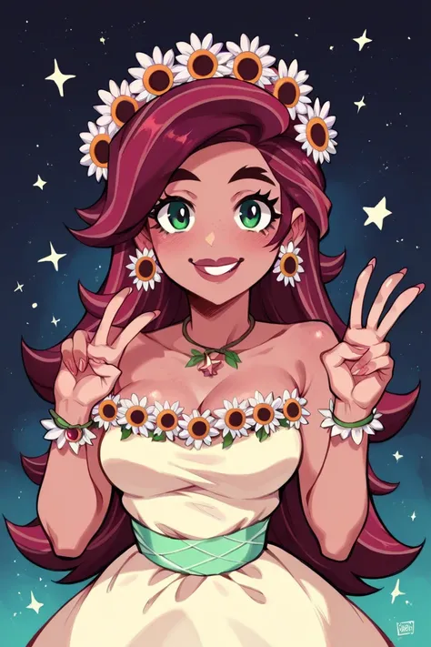 Gloriosa Daisy, SPACE background, STAR earrings, 1 girl, human, looking at viewer, smile, GLOrIOsA DaiSY HAIRSTYLE, PRINCeSs ROSAliNA COSPLAY, PeACE SIGN