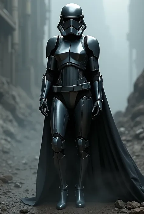 Sexy female stormtrooper (Star Wars), armored leotard, dark grey steel helmet, dark grey steel armor, dark grey steel mask, wearing black cape