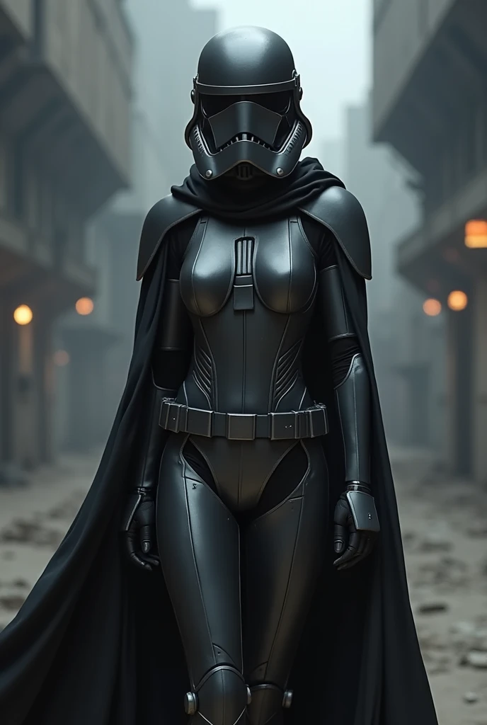 Sexy female stormtrooper (Star Wars), armored leotard, dark grey steel helmet, dark grey steel armor, dark grey steel mask, wearing black cape