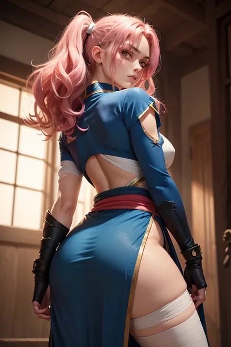 Kunoichi of 1 .53 m ,  with pale skin and rosy cheeks .  Her pink, wavy hair falls down to the middle of her back,  with loose locks framing her face .  Her bright pink eyes reflect an unwavering calm .  He wears a light and flexible outfit ,  with a sky b...