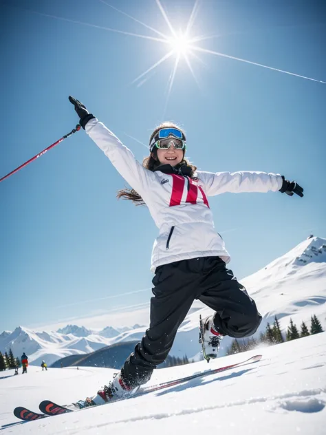 ( beautiful 21-year-old Japanese girl ), ( small chest:1.5), “Dressed in a pure white ski outfit, a young girl enjoys skiing down the snowy slopes. Her eyes sparkle with excitement behind her goggles. As fluffy snowflakes dance in the air, she skillfully m...