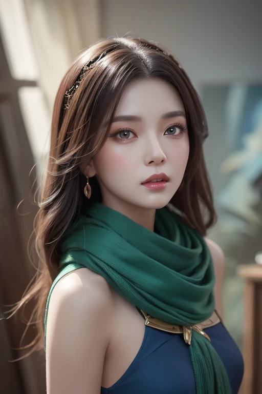 A woman in a blue dress with a long green scarf, Beautiful Portraits,  beautiful fantasy empress , Jan J, style of  ART GEL ,  ART GEL  and ruan jia, extremely detailed  ART GEL , trending  ART GEL ,  ART GEL .   animated illustration  , ruan jia and  ART ...