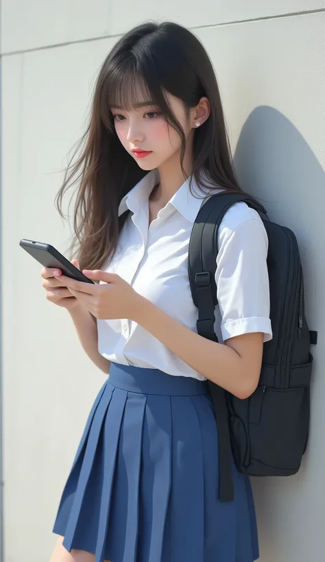 mid shot, upper body, solo, portrait, asia girl, look at her phone, open eyes, long hair, white school shirt, blue school skrit, medium breast, Standing leaning against the wall, Carry a school bag on the side