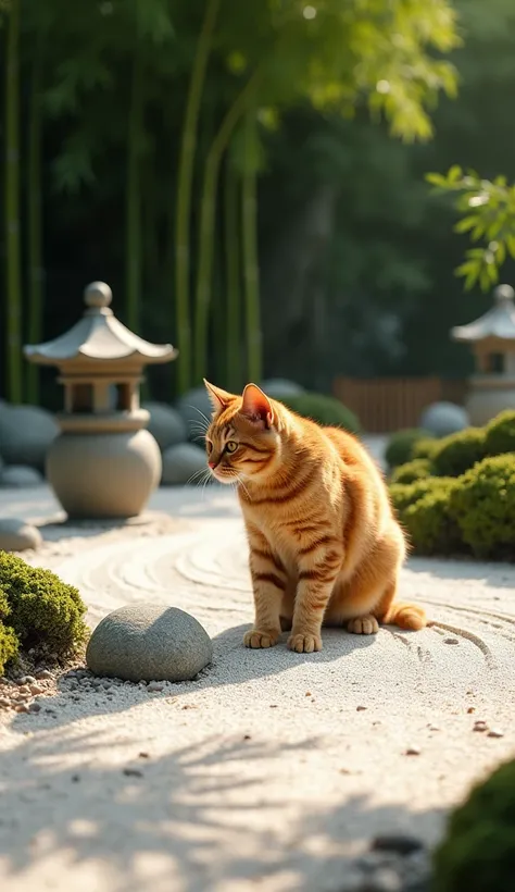 A lifelike orange tabby cat stands in a nearly completed Japanese garden, using its front paws to smooth out fine white gravel in a Zen rock garden. The sand has intricate, raked patterns. The cat’s whiskers twitch slightly as it carefully pats the surface...