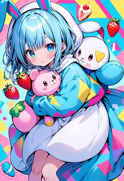  cute、 Sanrio、 plush toy、 wear a blue rabbit costume that loves strawberries、colorful geometric pattern background 、